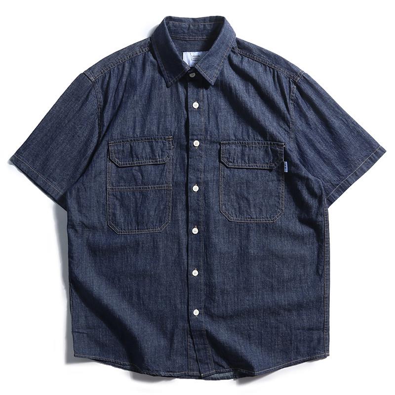 Streetwear Brand Denim - レトロ和風ルーズフィットメンズデニムシャツ半袖トレンディブランド夏カジュアル半袖作業服ストリートウェア
