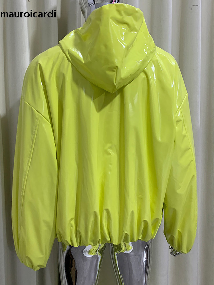 Streetwear Brand Clothing - Mauroicardi 春特大光沢のある光沢のあるレザージャケット男フードジッパー付き高級男性ストリート服オリジナルブランド