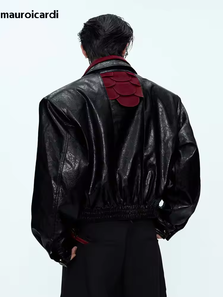 Streetwear Brand Clothing - Mauroicardi 春秋パッチワークショートスネークスキンプリント Pu レザージャケット男性高級ブランドオリジナルエモストリートウェア服