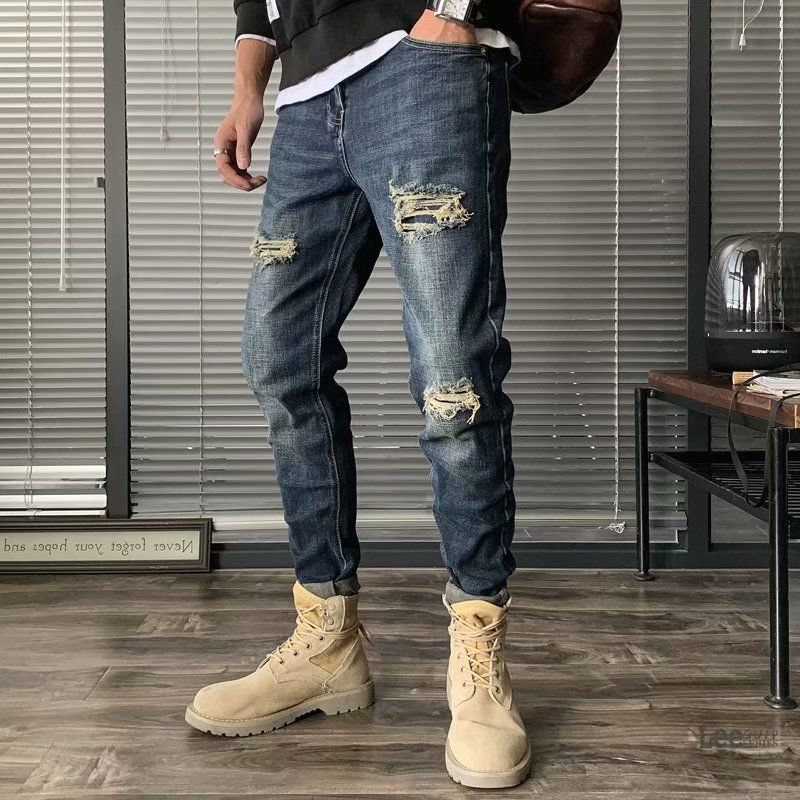 Streetwear Brand Denim - リップドジーンズメンズ秋の新韓国リップドストリートウェアカジュアルトレンディブランドリップドブルーロングパンツ男性服カーゴジーンズ