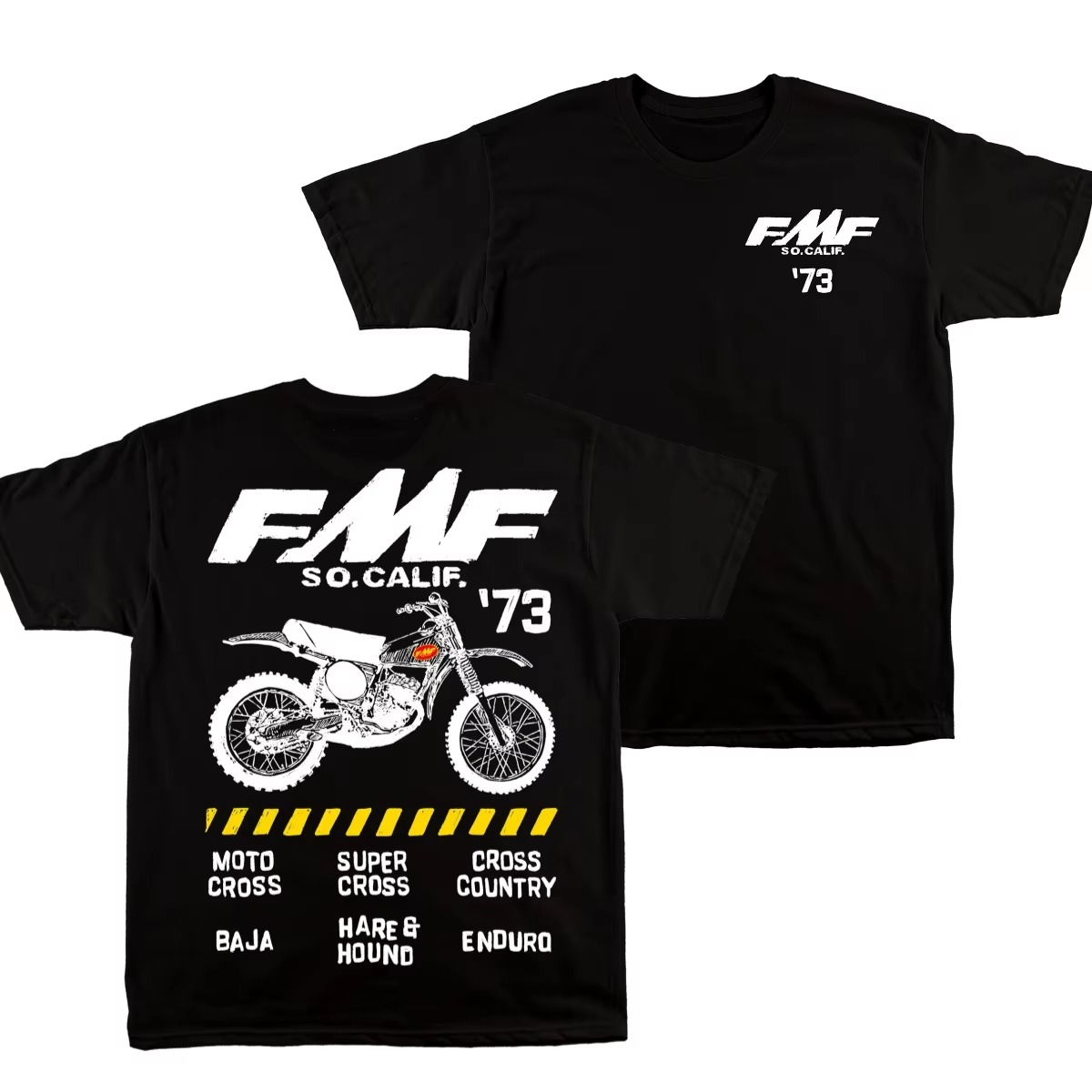 Streetwear Brand Vintage - ブラックのFMFヴィンテージ・ダートバイク1973、モトクロス・エンデューロ・レーシングブランドのグラフィックTシャツ。綿素材、メンズ・レディース、ストリートウェア。