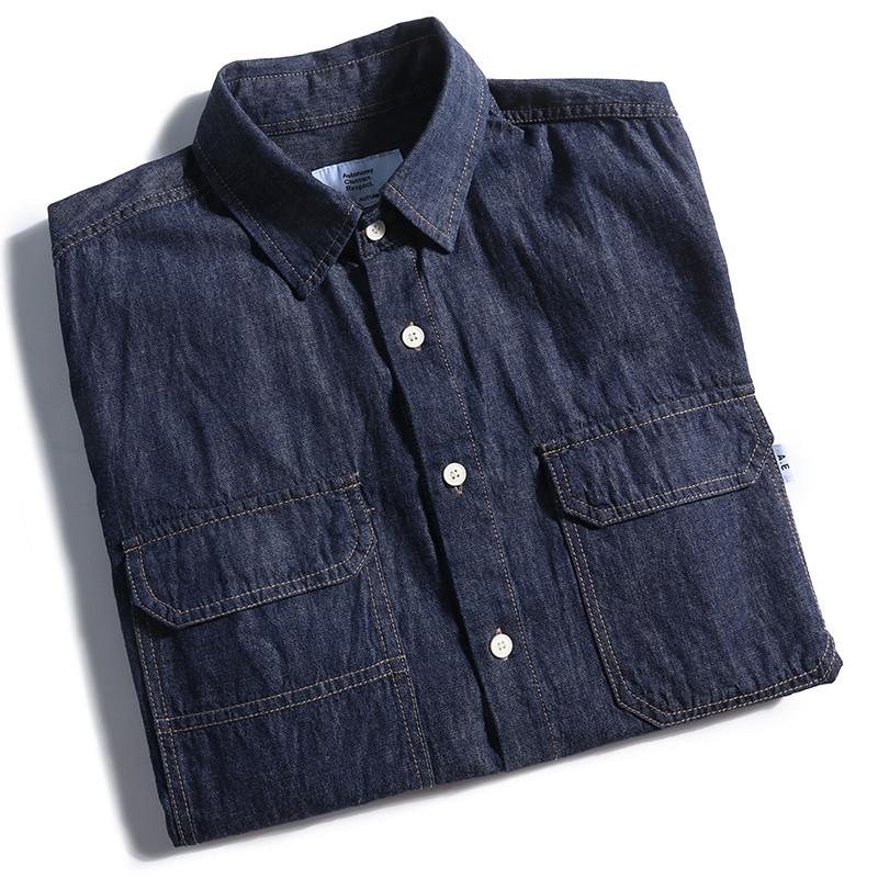 レトロ和風ルーズフィットメンズデニムシャツ半袖トレンディブラ - Streetwear Brand Denim のレビューと価格