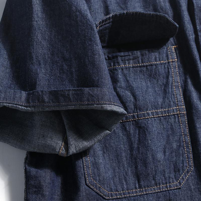 レトロ和風ルーズフィットメンズデニムシャツ半袖トレンディブラ - Streetwear Brand Denim のレビューと価格